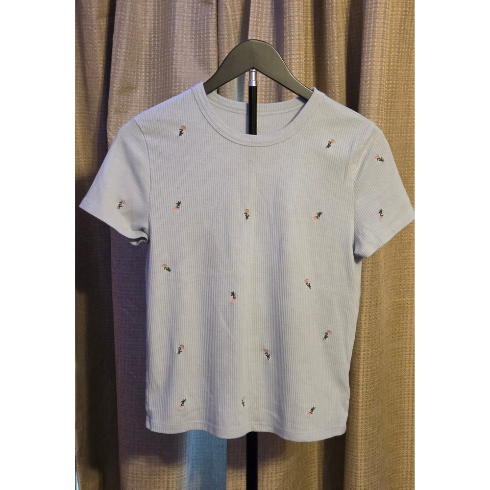 American Eagle Short Sleeve Floral Print T-Shirt Women's Size Large Blue